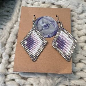 Handmade Purple Beaded Diamond Drop Earrings